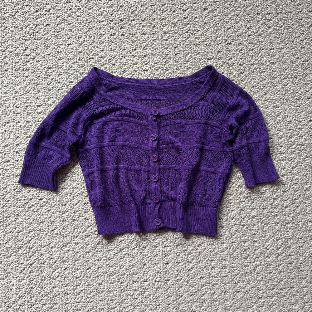 Cropped button up open knit purple short sleeve sweater
